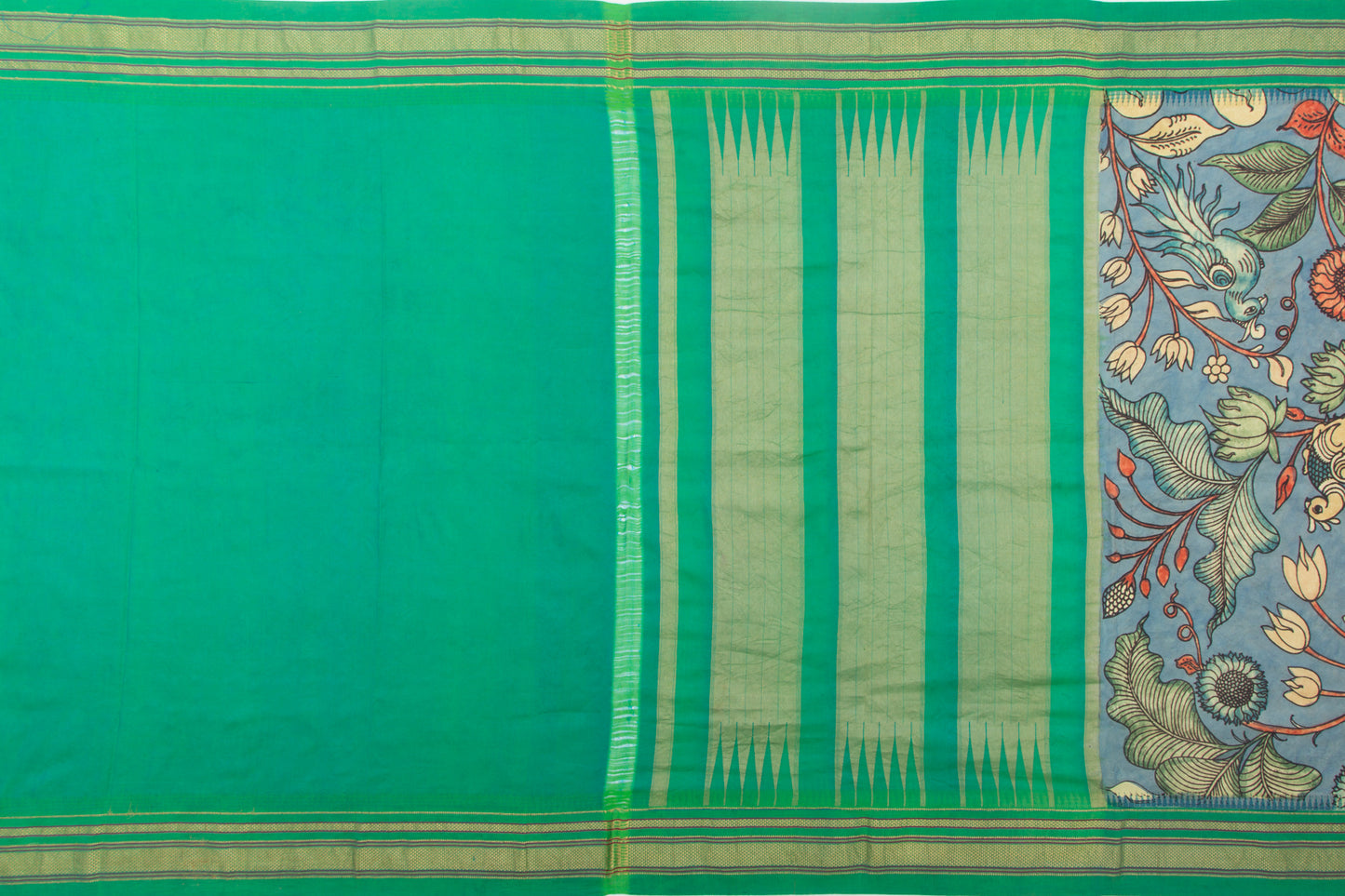 Kanchipuram Silk Kalamkari Handpainted Blue Saree