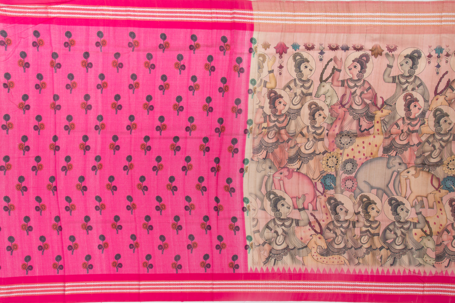 Tussar Jute Printed Peach Saree With Vidarbha Border