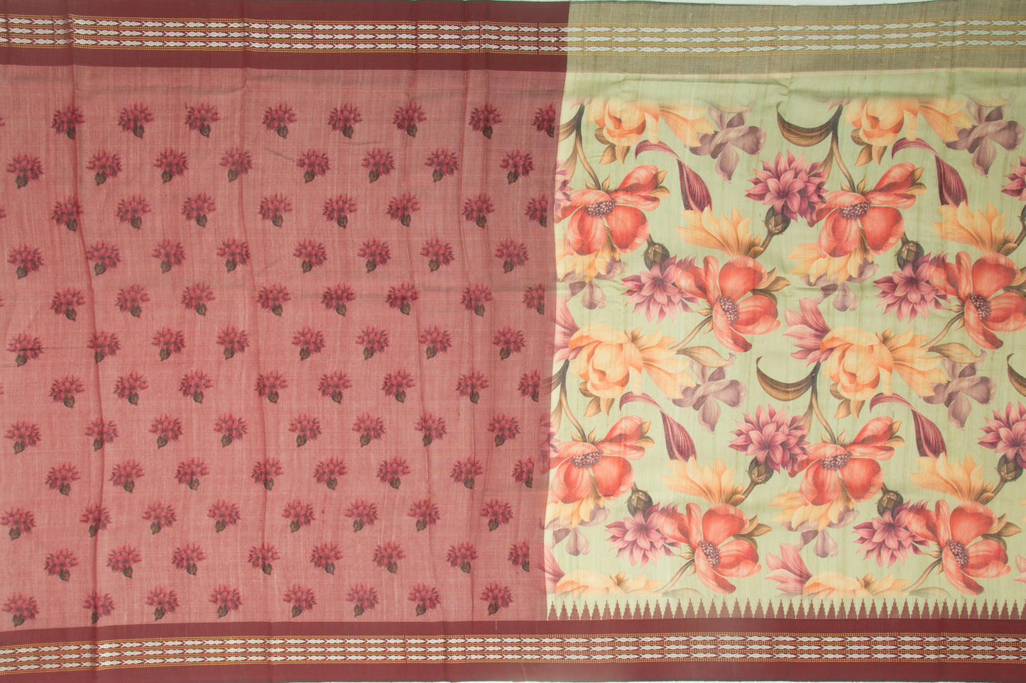 Tussar Jute Printed Green Saree With Vidarbha Border