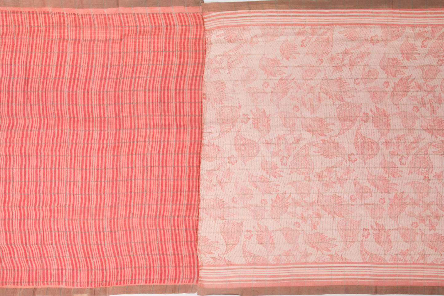 Linen Checks And Floral Printed Off-White Saree