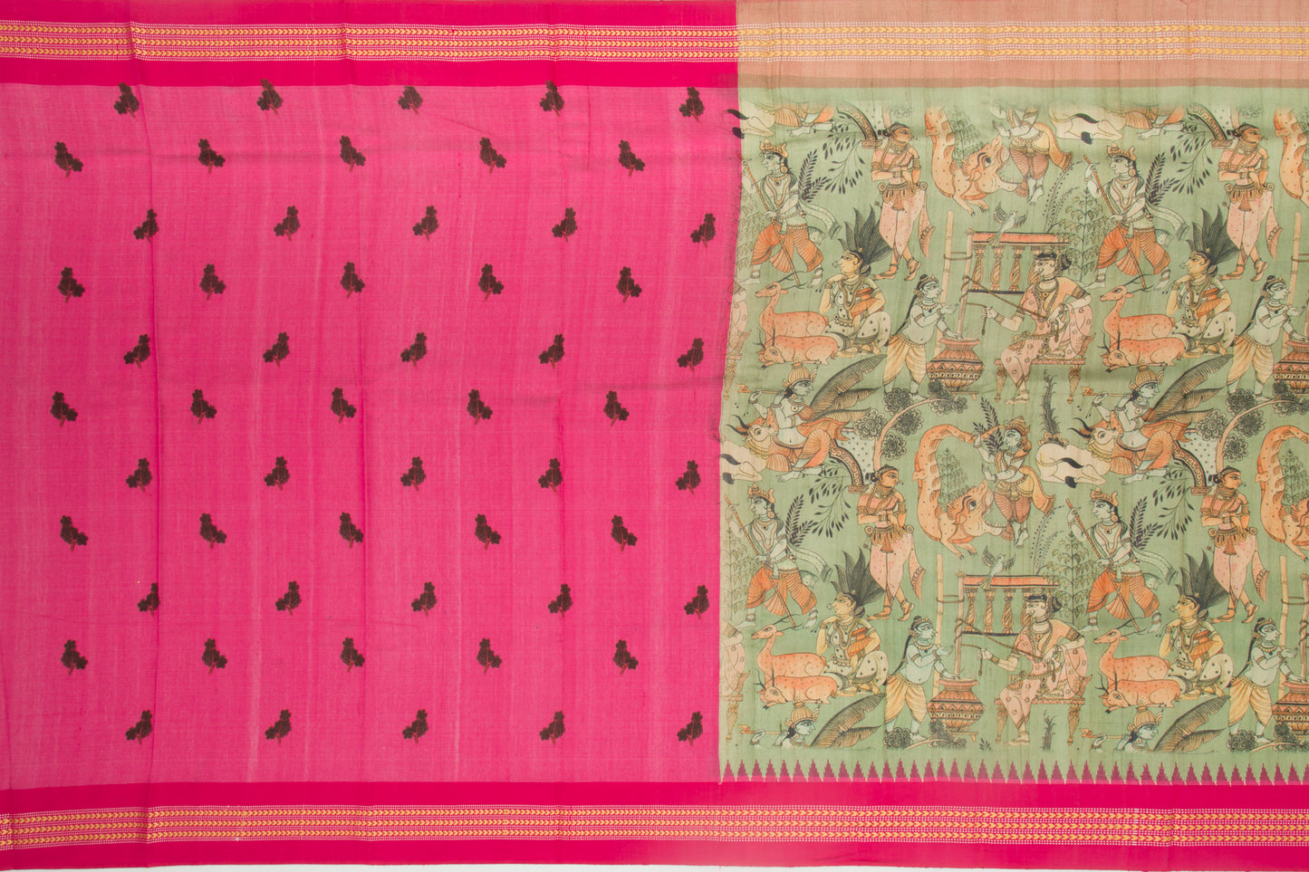 Tussar Printed Green Saree With Vidarbha Border