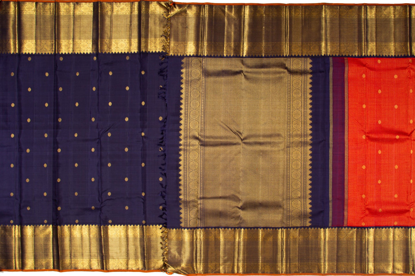 Kanchipuram Silk Checks And Butta Orange Saree