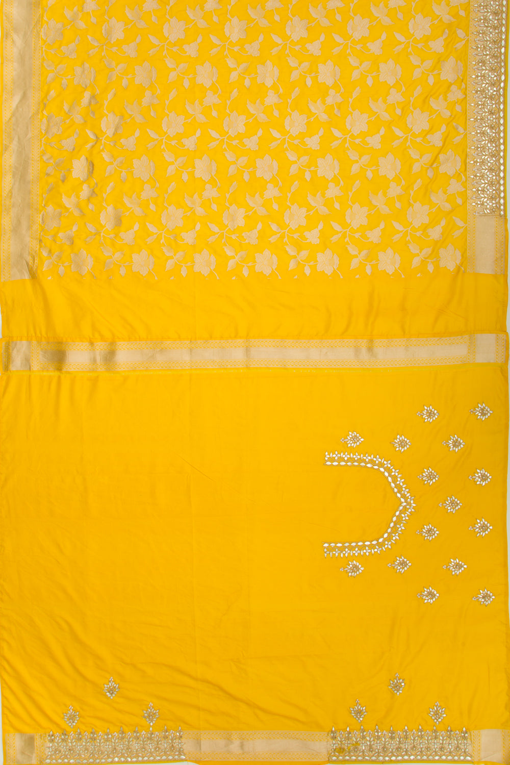 Banarasi Silk Jaal Yellow Saree With Gotta Patti Border