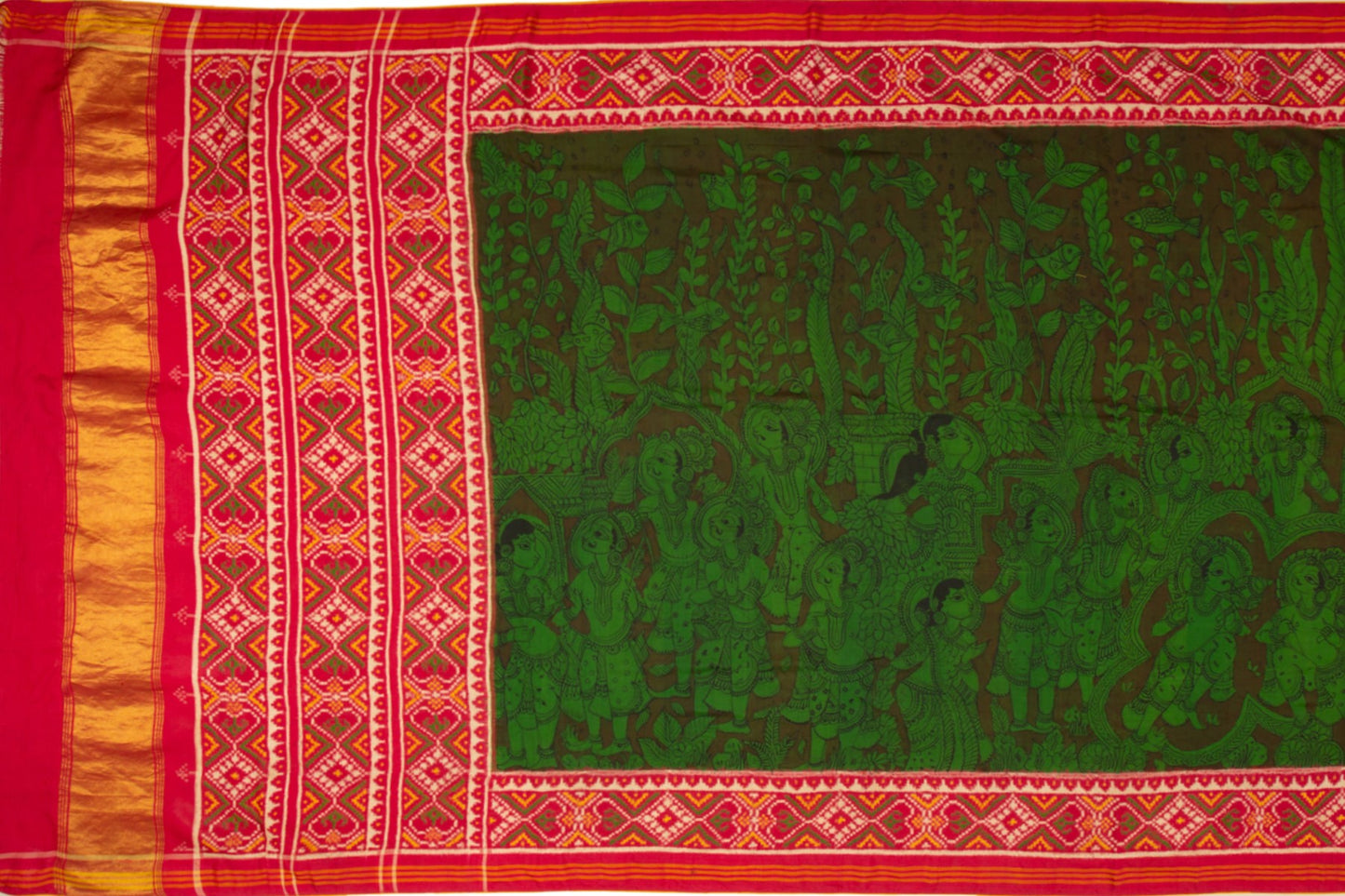 Patan Patola Silk Kalamkari Handpainted Green Saree