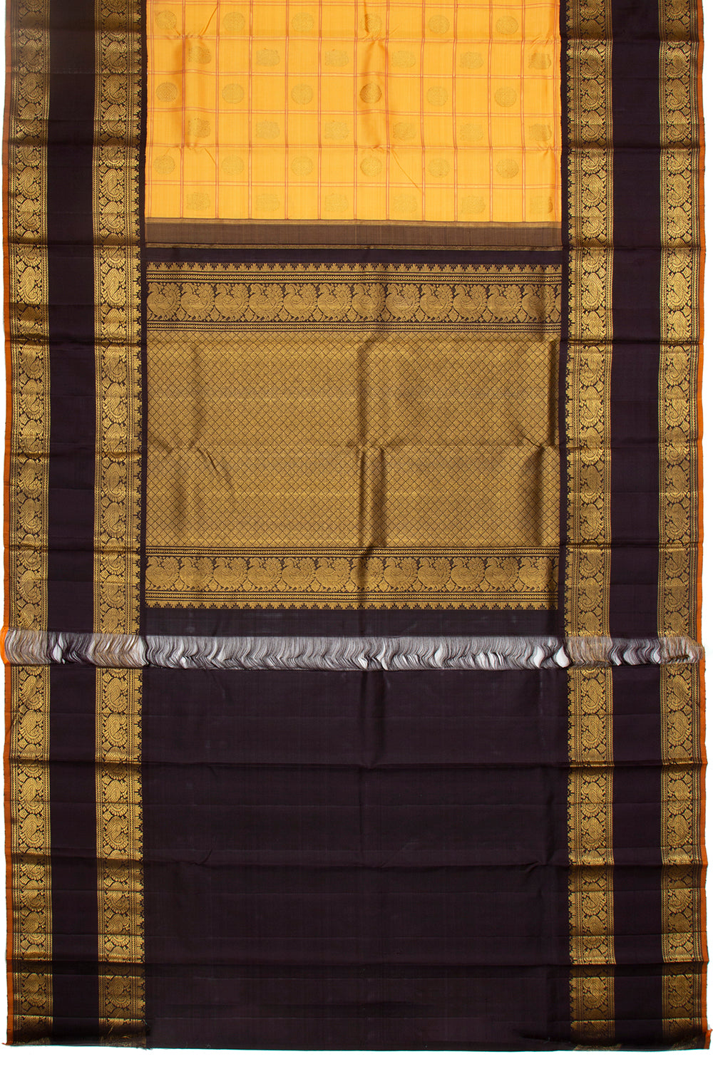 Kanchipuram Silk Checks And Butta Yellow Saree
