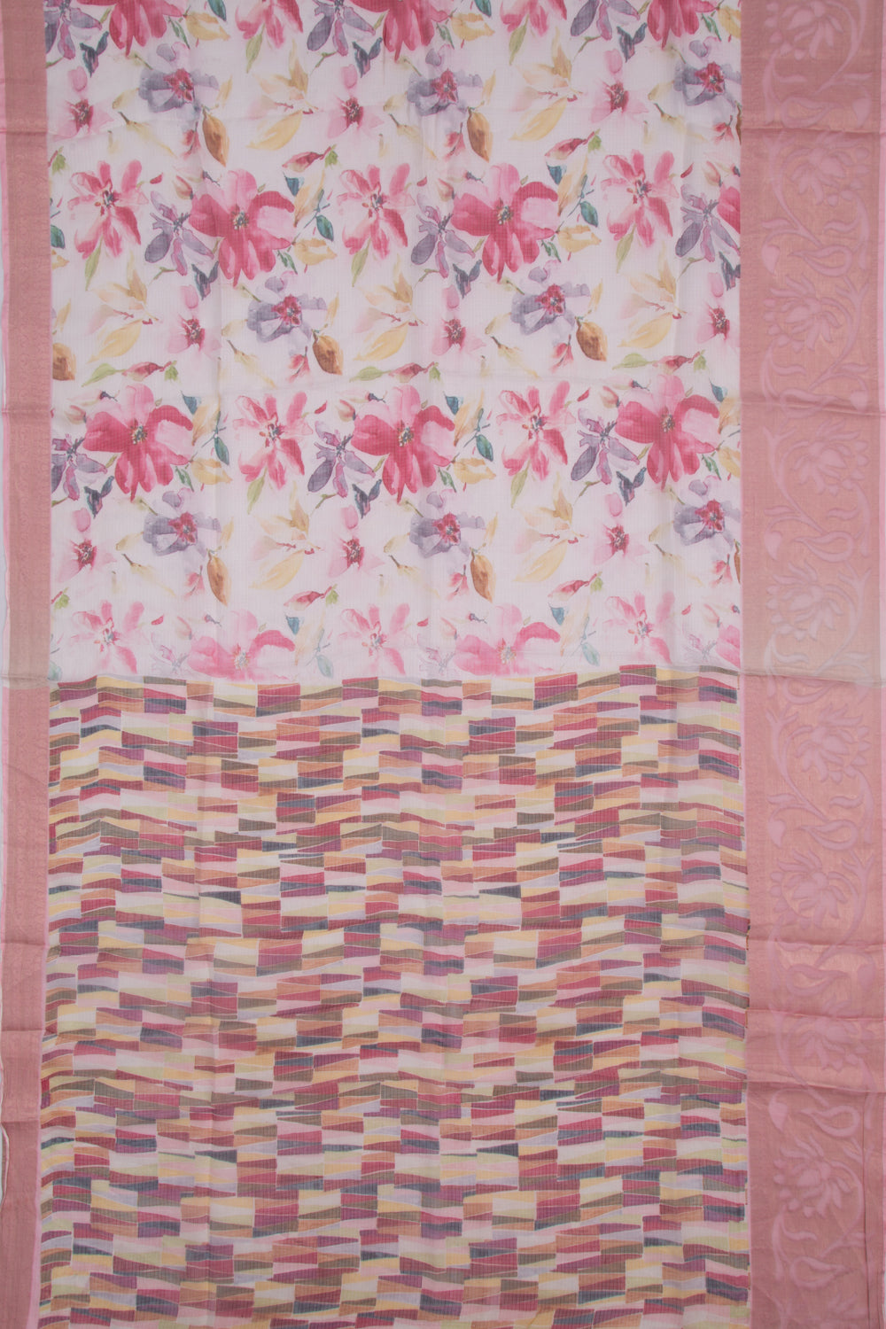 Soft Kota Silk Floral Printed White Saree