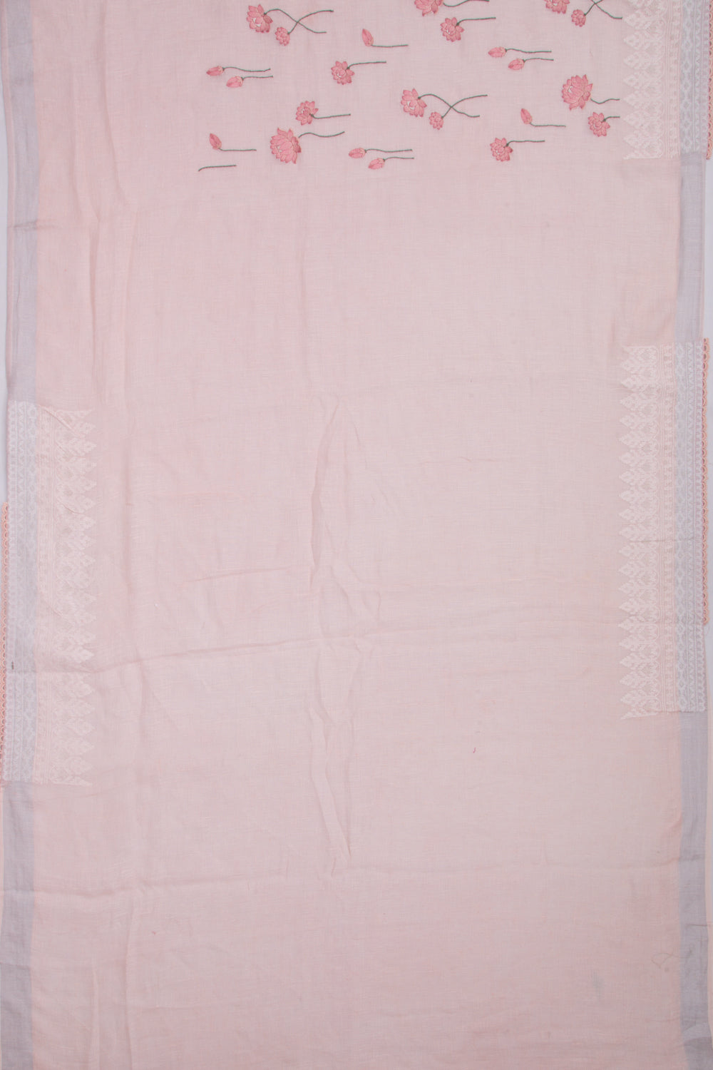 Pure Linen Embroidery Butta Pastel Pink Saree