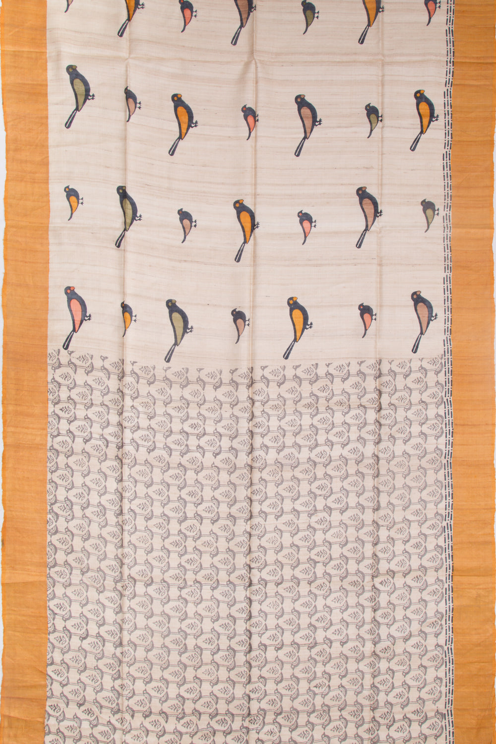 Tussar Block Printed Cream Saree