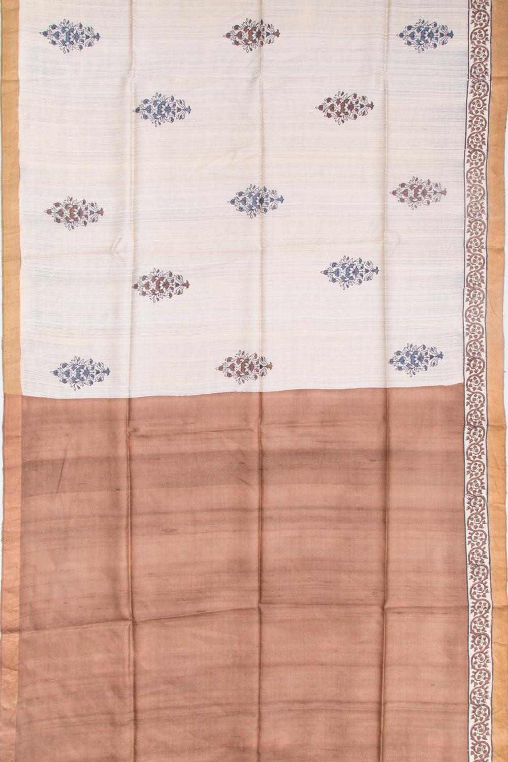 Tussar Block Printed Off-White Saree