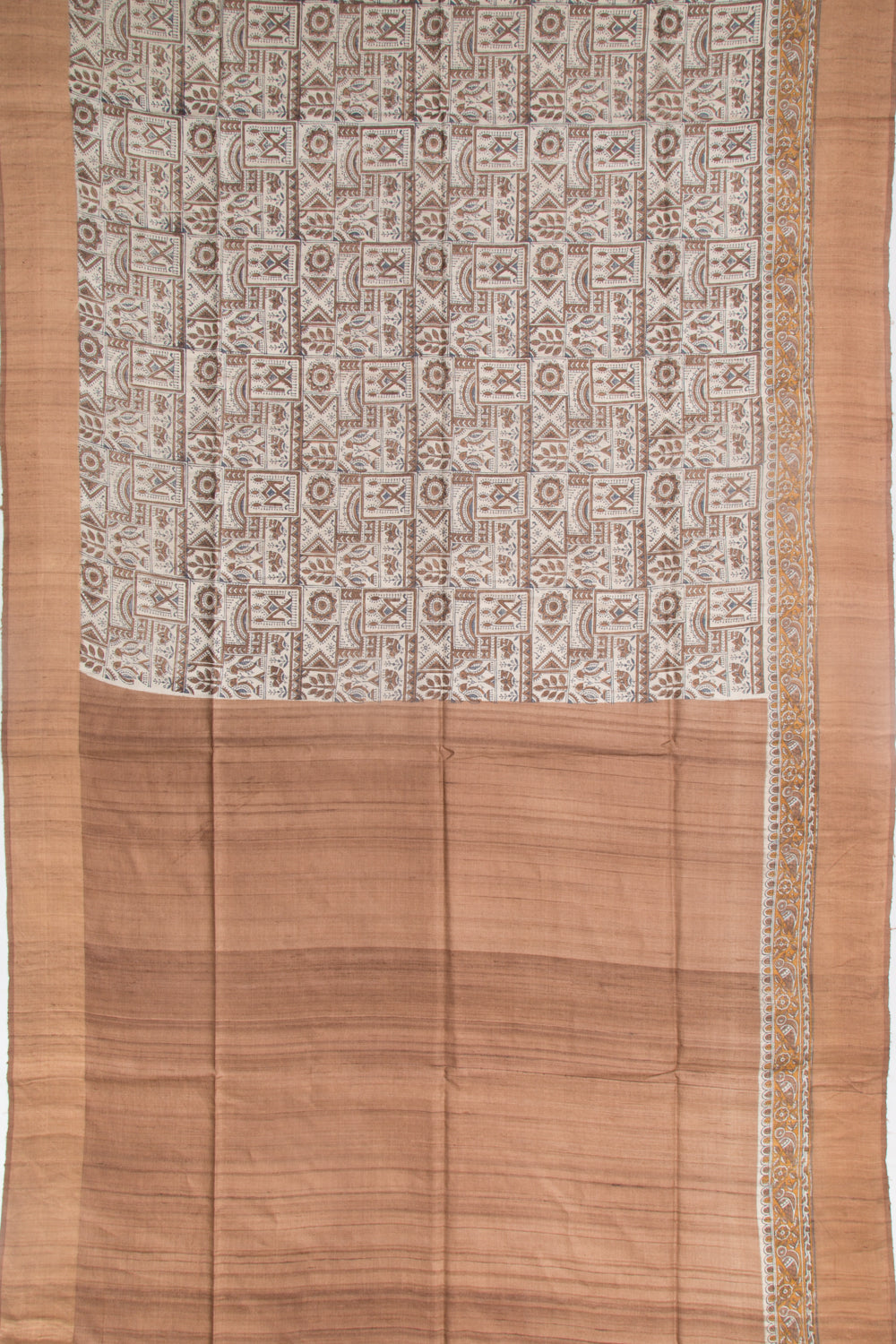 Tussar Block Printed Off-Whtie Saree