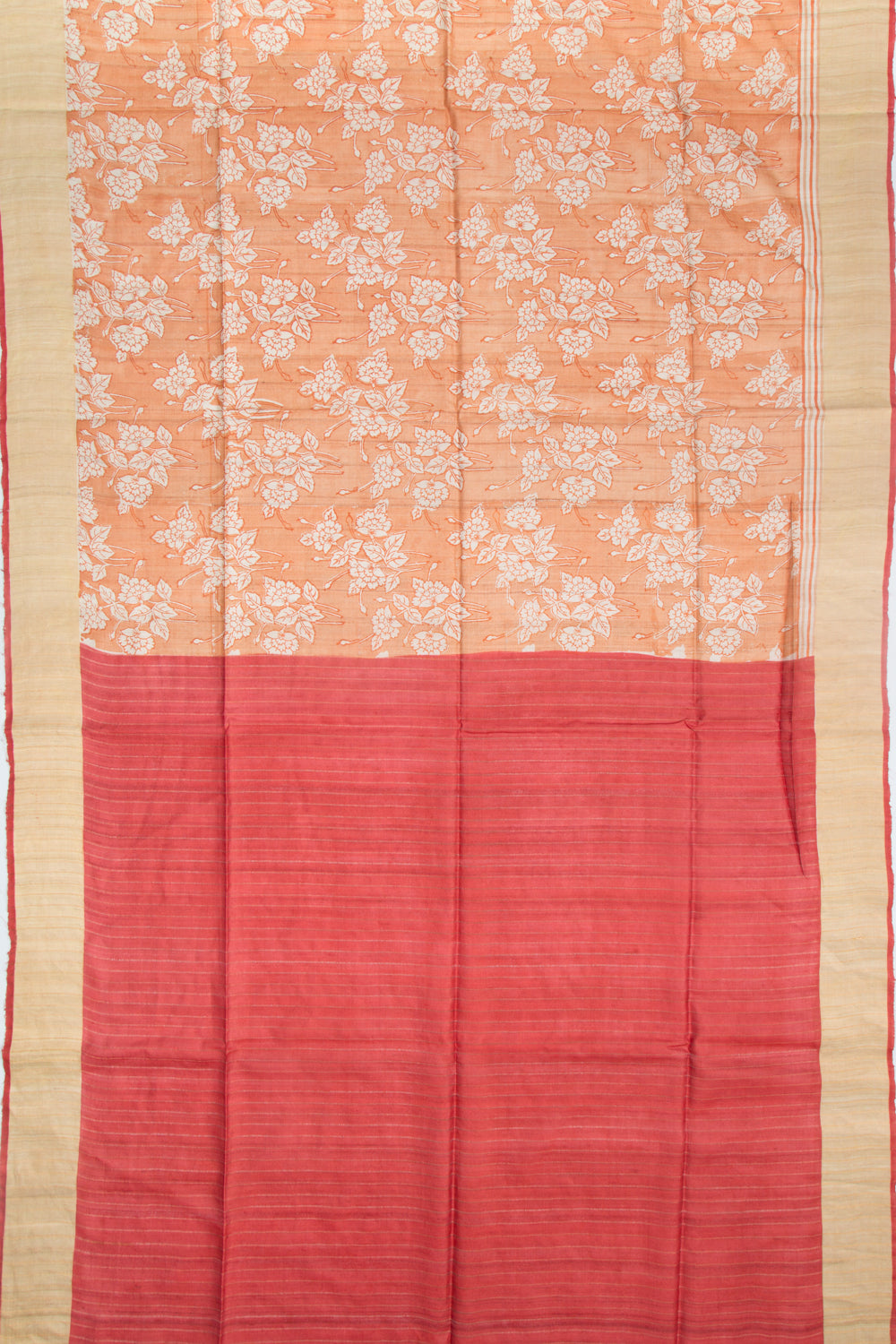 Tussar Block Printed Orange Saree