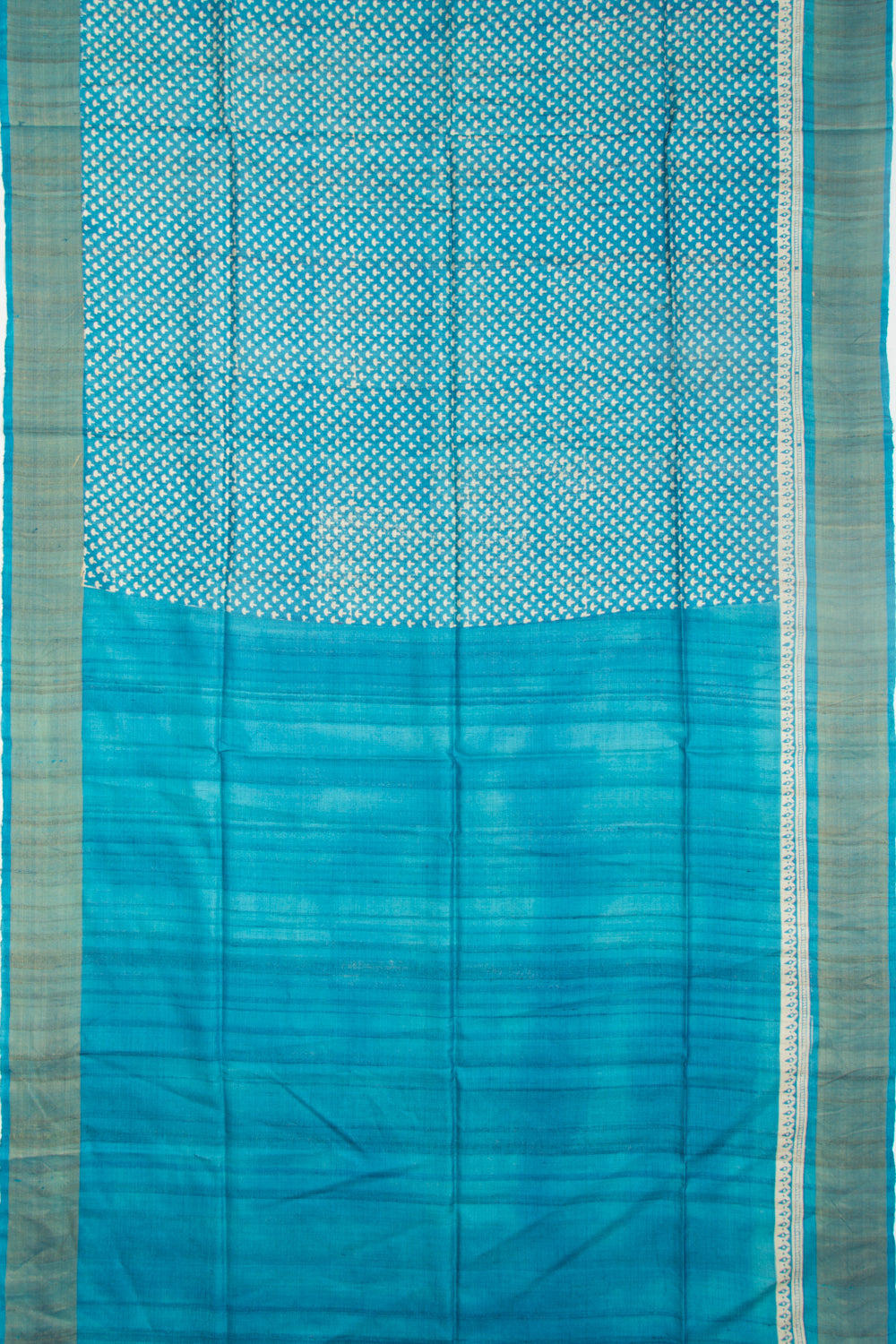 Tussar Block Printed Sky Blue Saree