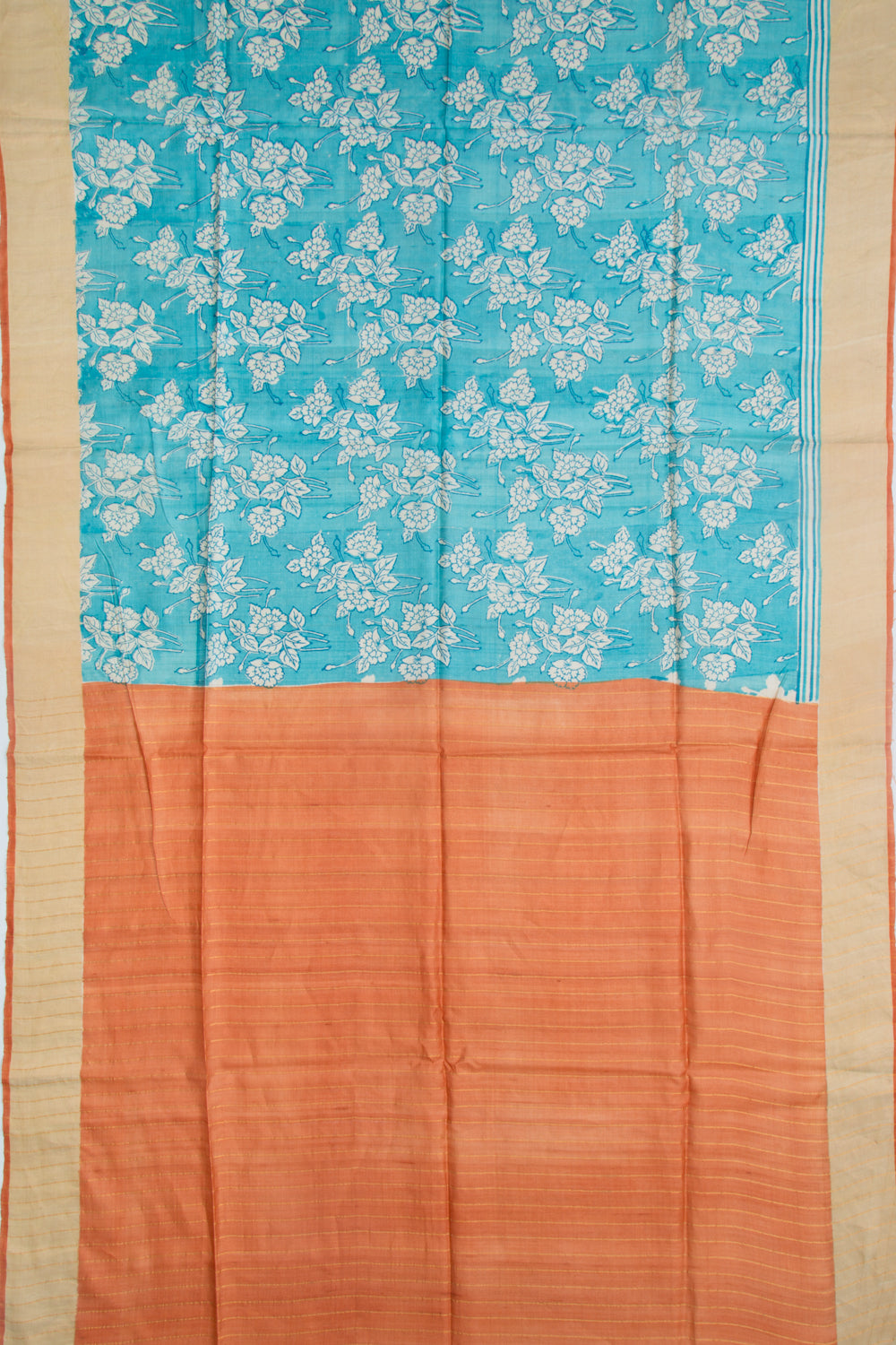 Tussar Block Printed Sky Blue Saree