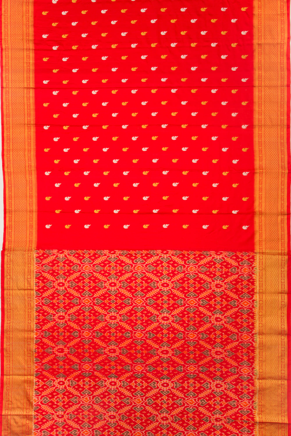 Kanchipuram Silk Twill And Butta Red Saree With Ikat Blouse