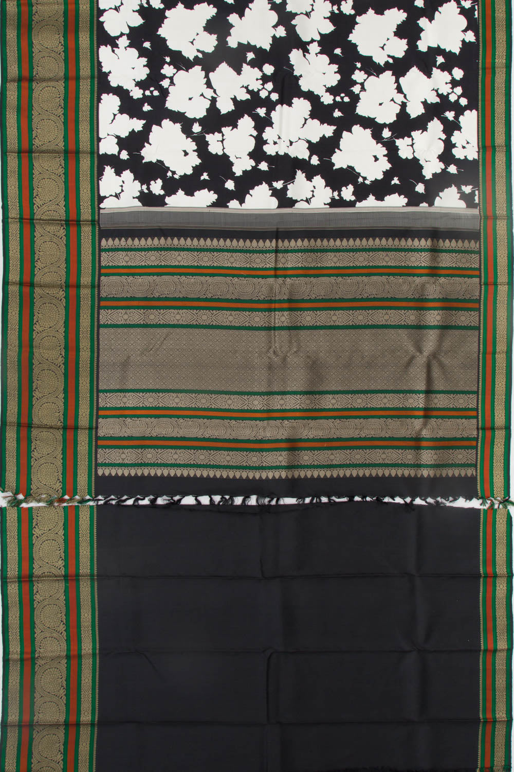 Kanchipuram Silk Floral Printed Black And White Saree
