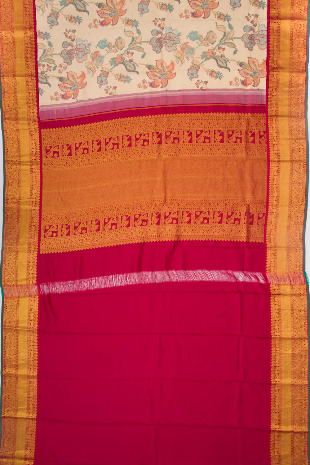 Kanchipuram Silk Floral Printed Cream Saree