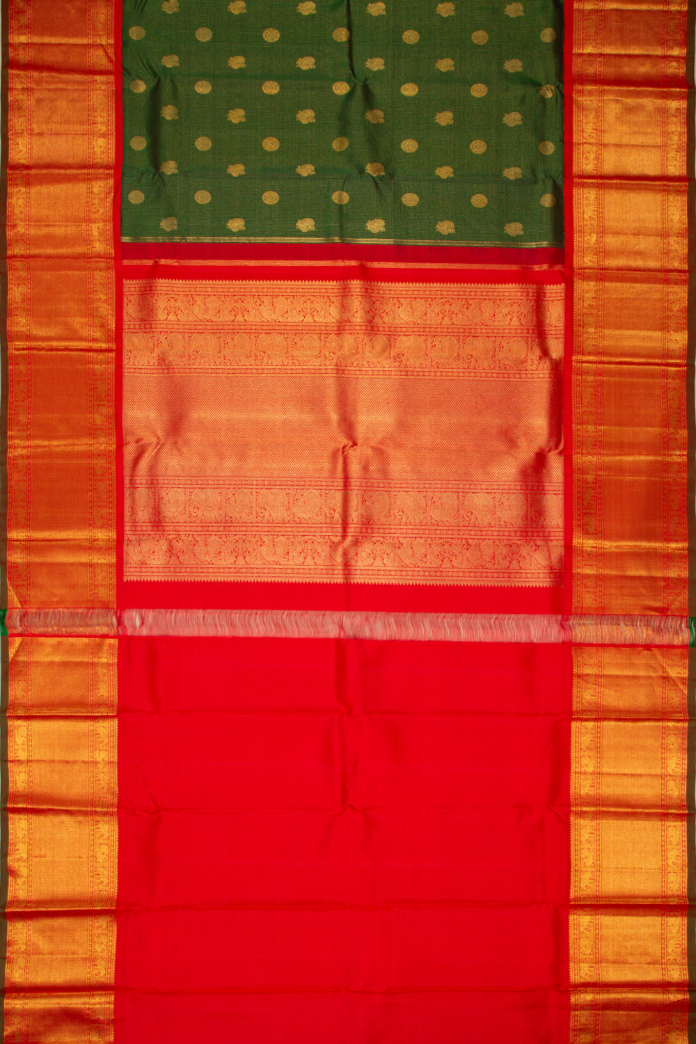 Kanchipuram Silk Checks And Butta Dark Green Saree