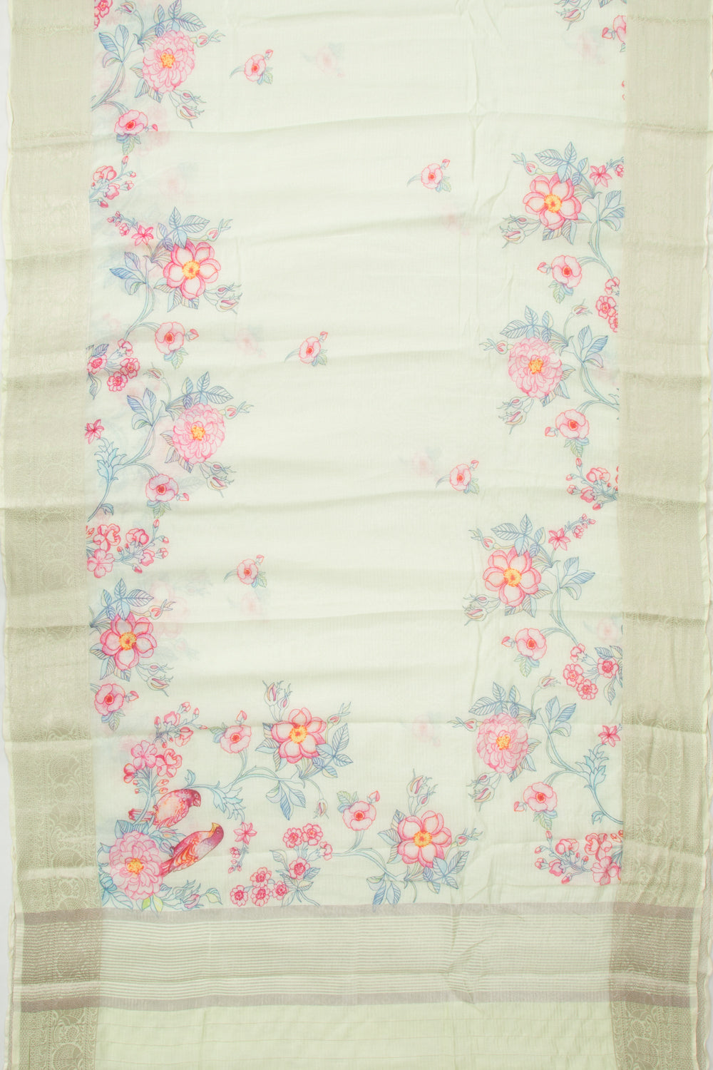 Chanderi Cotton Lines and Printed Pastel Green Saree