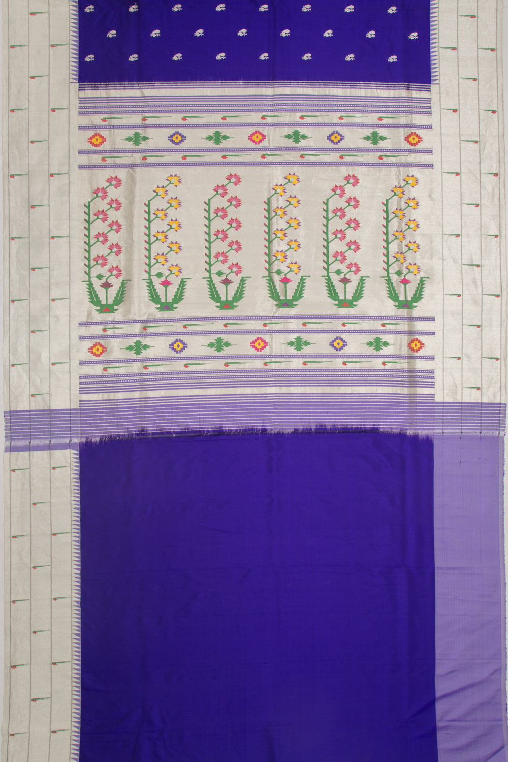 Paithani Silk Butta Royal Blue Saree With Triple Muniya Border