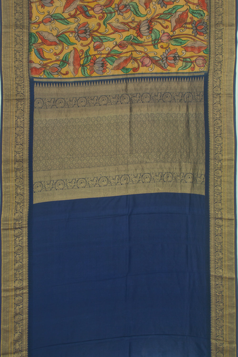 Kanchipuram Silk Kalamkari Yellow Saree