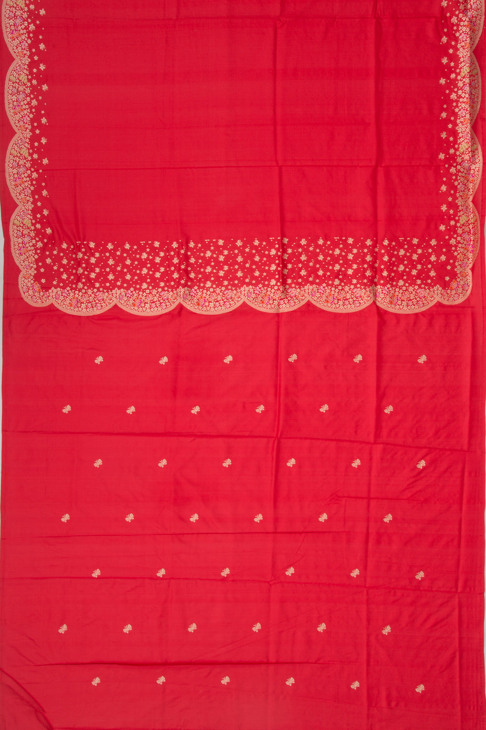 Banarasi Silk Plain Red Saree With Scallop Border