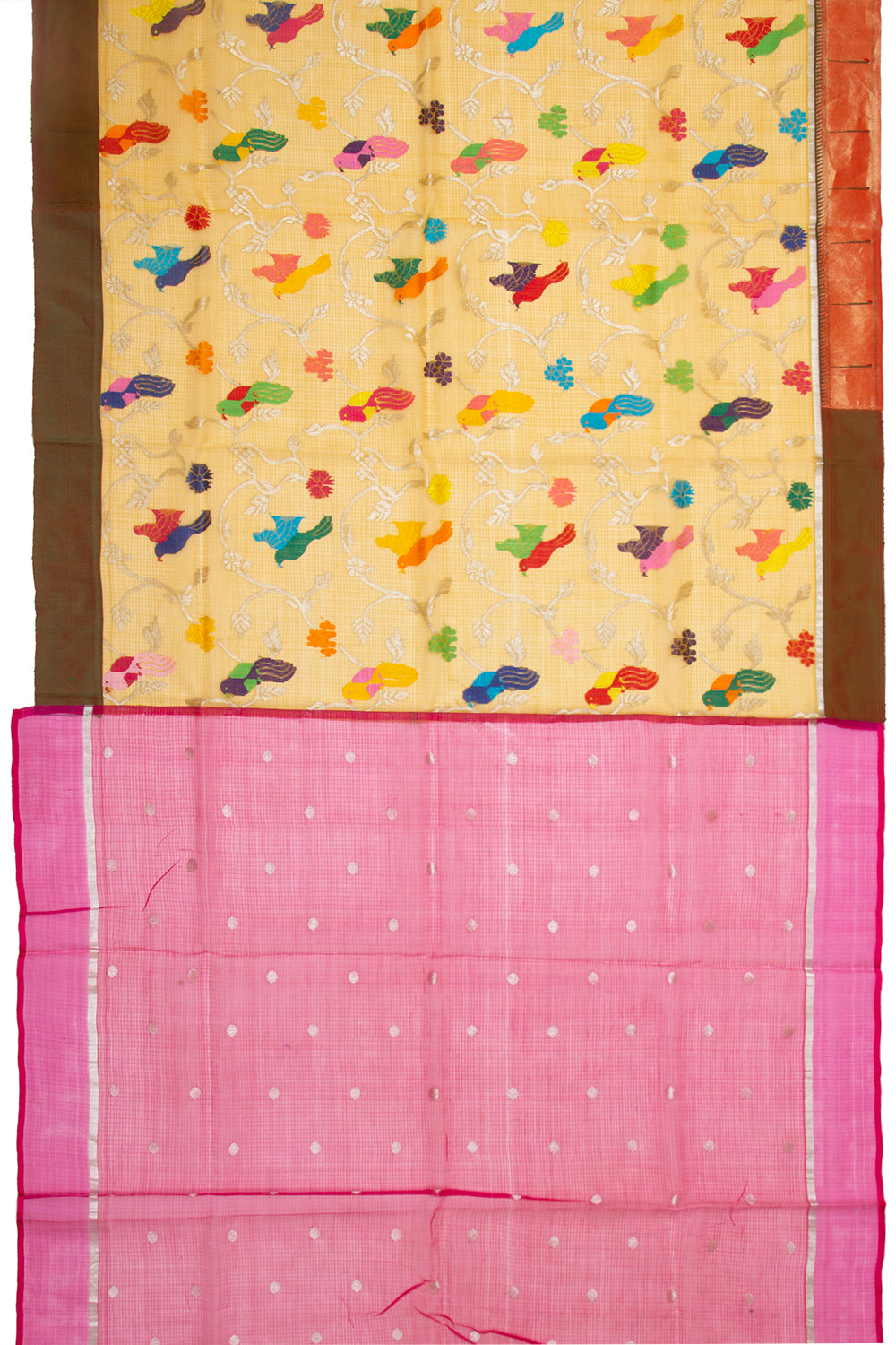 Kota Silk Jamdani Jaal Yellow Saree With Attached Paithani Border