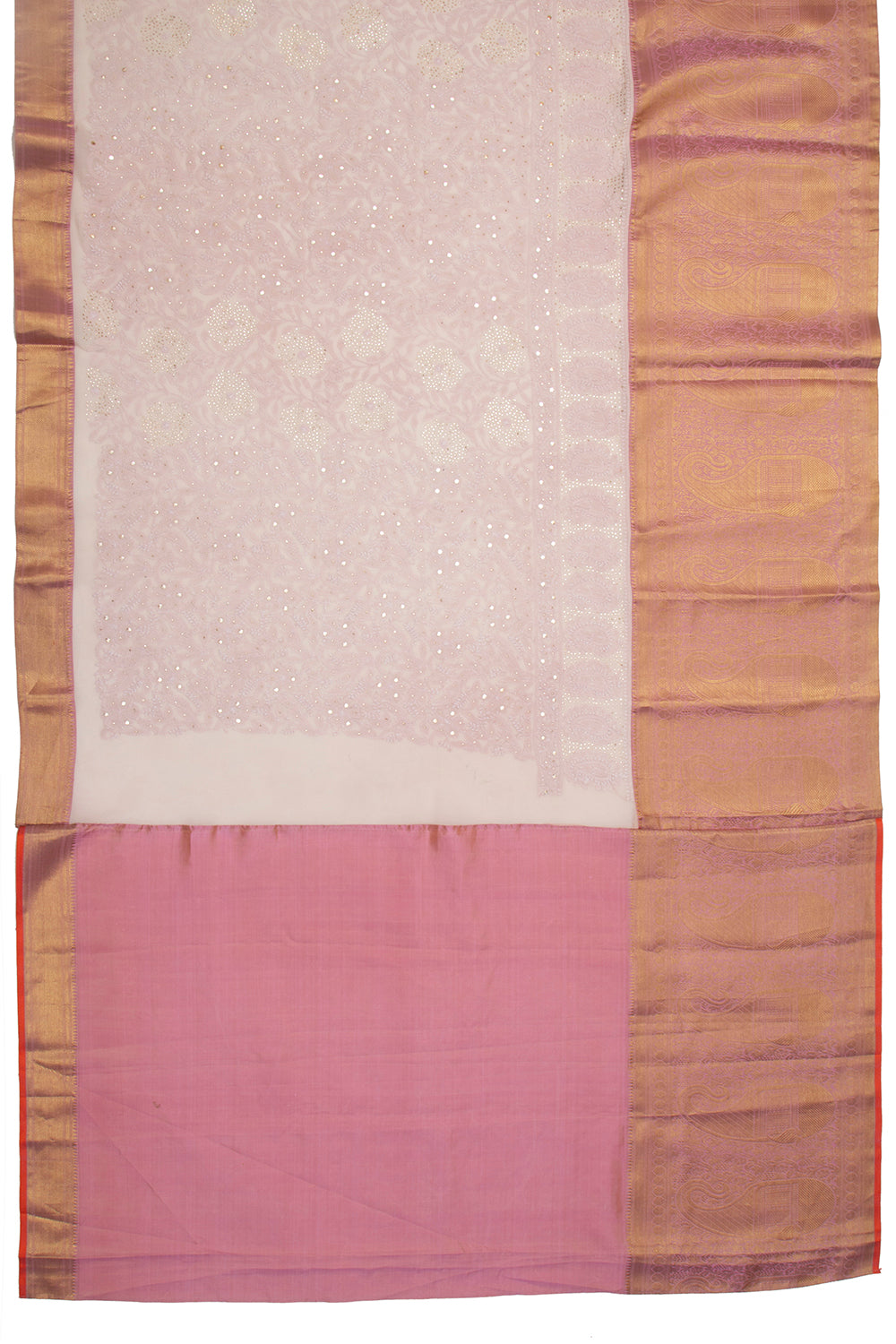 Lucknow Chikankari Georgette Baby Pink Saree With Kanchi Border
