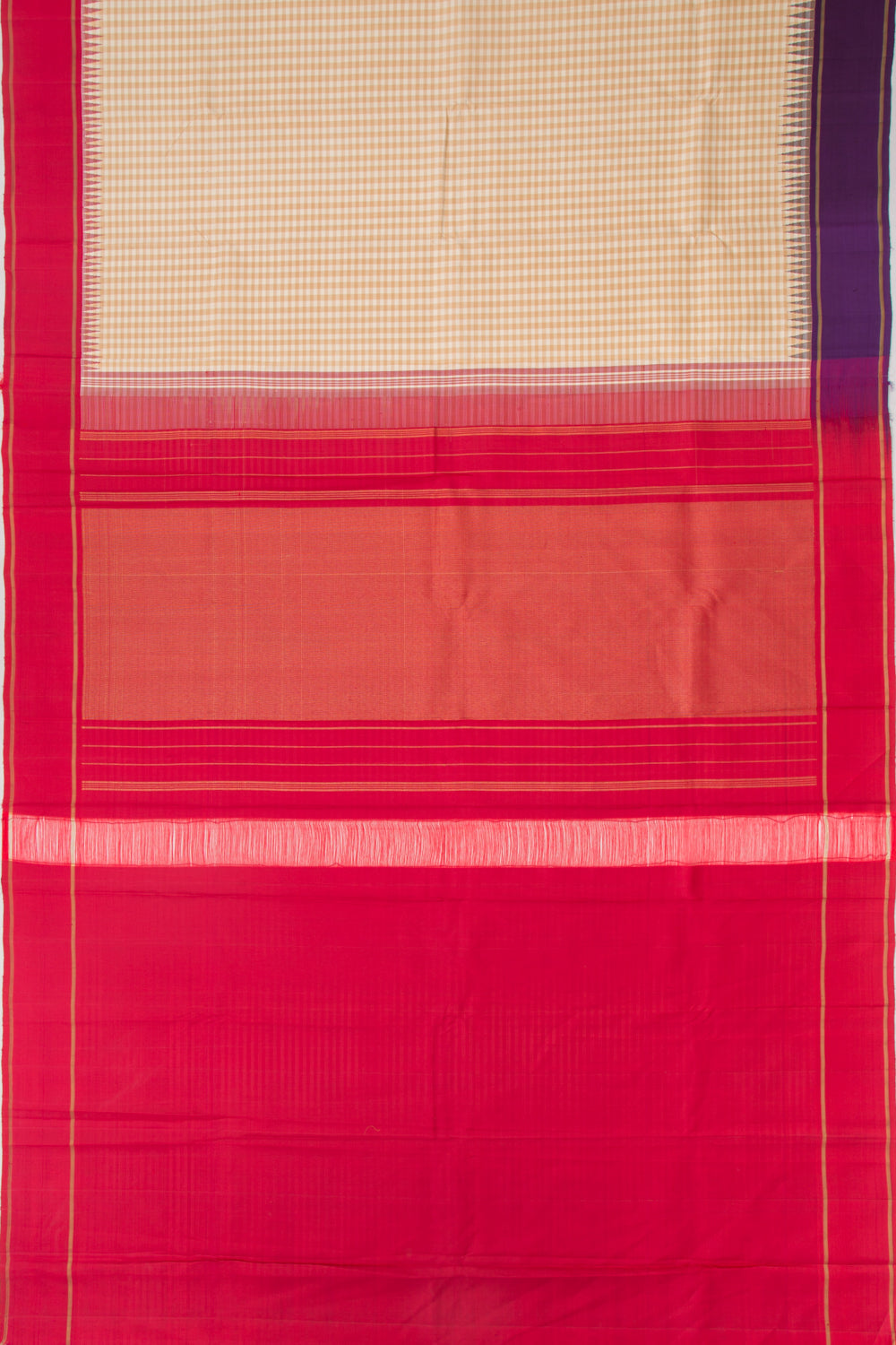 Kanchipuram Silk Checks Cream Saree With Ganga Jamuna Border
