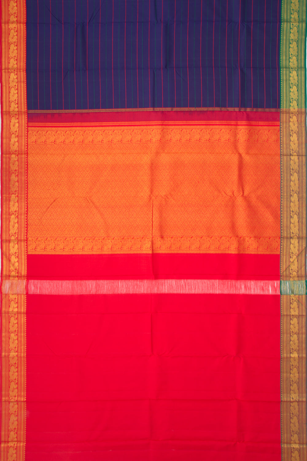 Kanchipuram Silk Horizontal Lines Dark Blue Saree With Ganga Jamuna Border