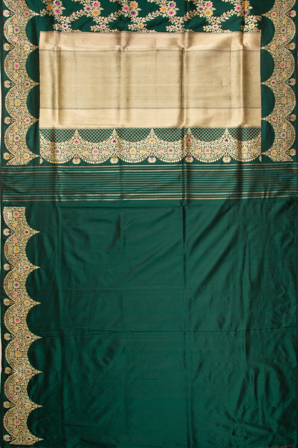 Banarasi Silk Kadwa Jaal Green Saree With Scallop Border