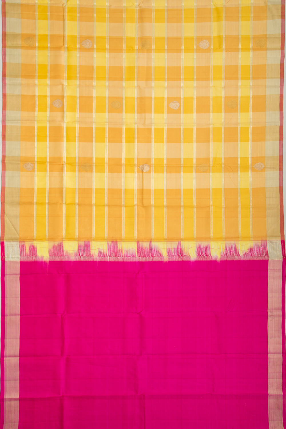 Kanchipuram Silk Lines And Butta Yellow And Orange Saree
