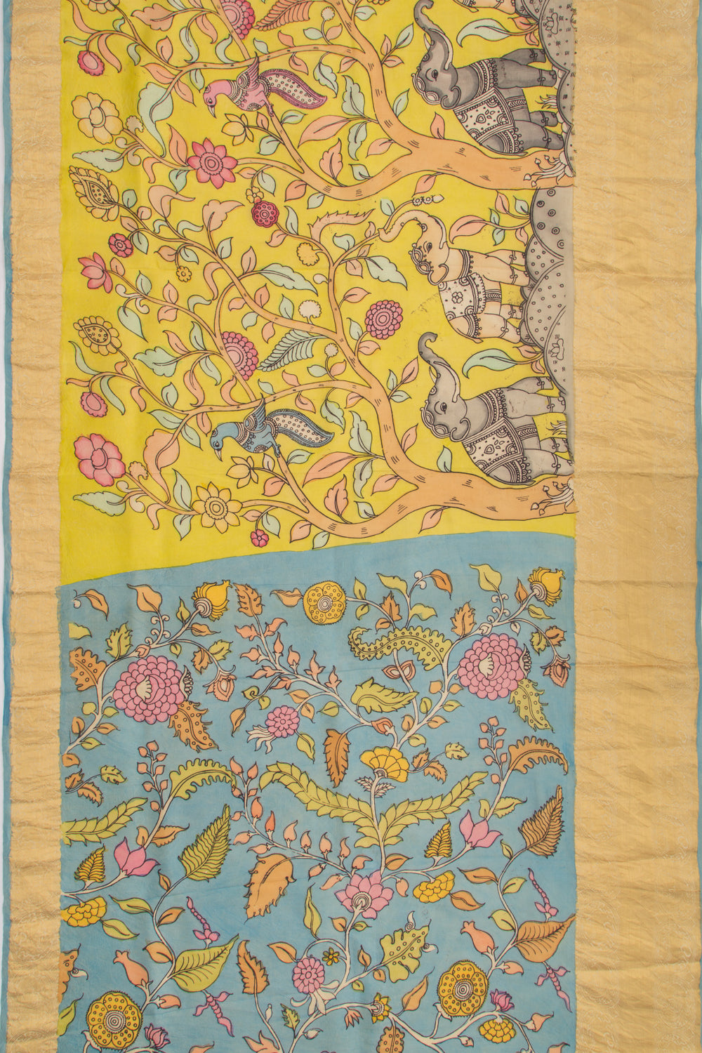Kanchipuram Silk Kalamkari Yellow Saree
