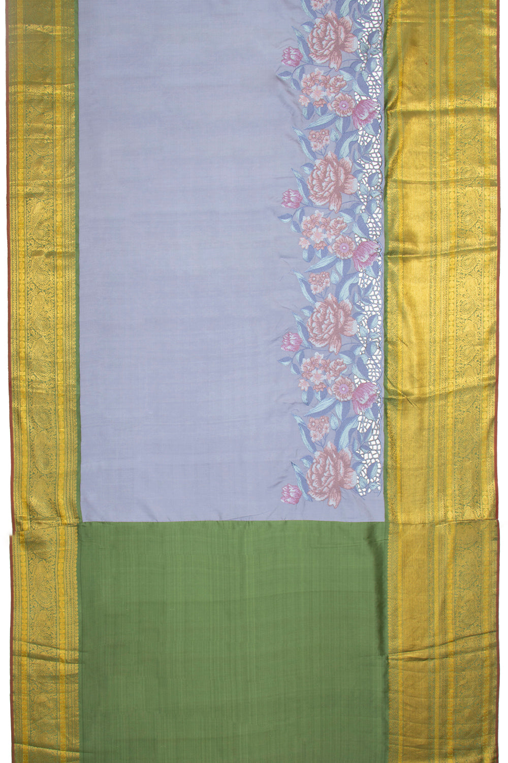 Kanchipuram Silk Plain Grey Saree Embroidery With Cut Work Border