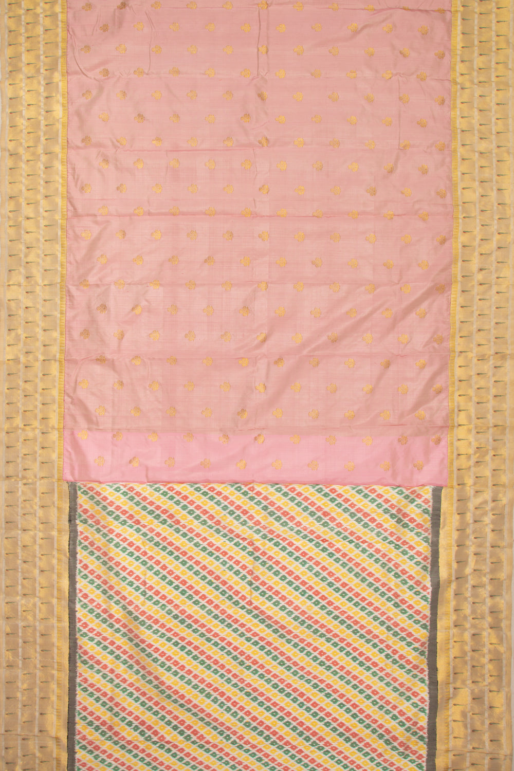 Kanchipuram Silk Butta Baby Pink Saree With Triple Muniya Border And Ikat Blouse