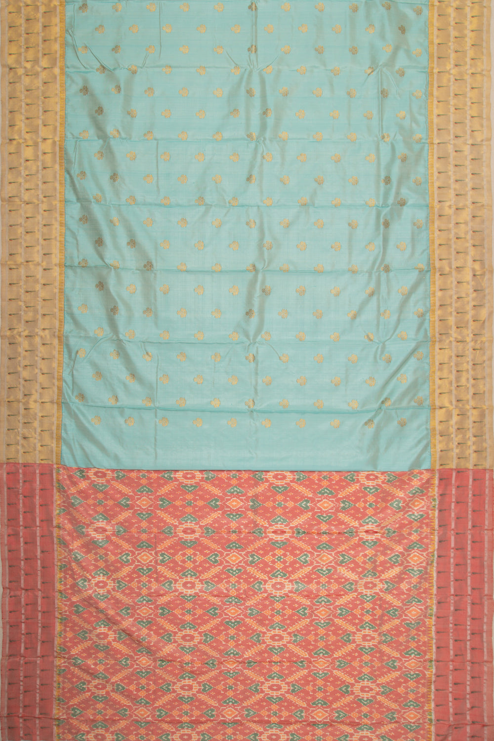 Kanchipuram Silk Butta Pastel Blue Saree With Triple Muniya Border And Ikat Blouse