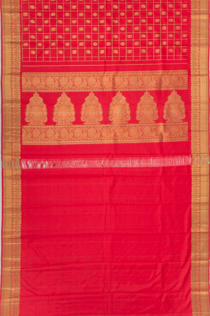 Kanchipuram Silk Check And Butta Red Saree