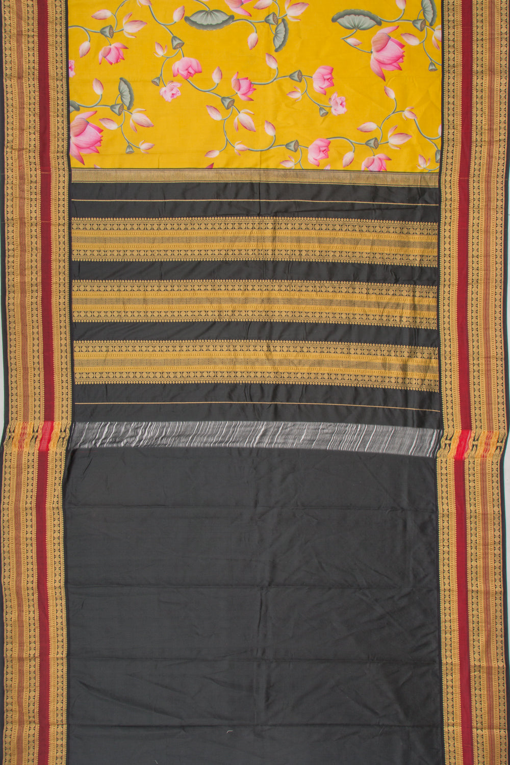 Kanchipuram Silk Floral Printed Yellow Saree