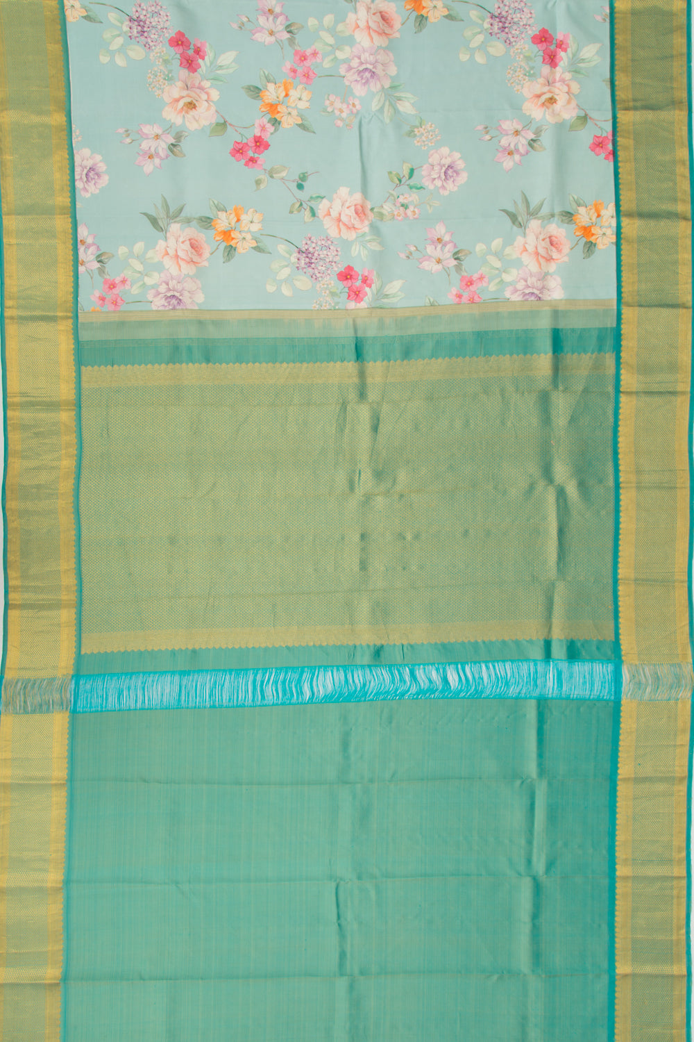 Kanchipuram Silk Floral Printed Pastel Blue Saree