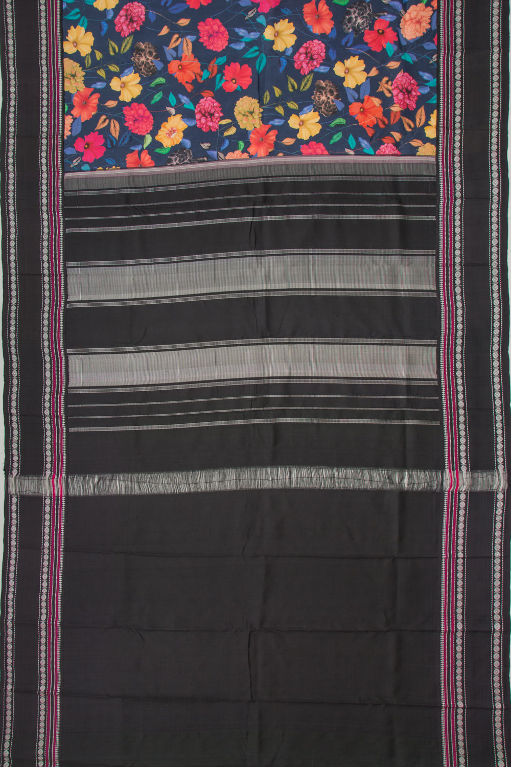 Kanchipuram Silk Floral Printed Dark Blue Saree