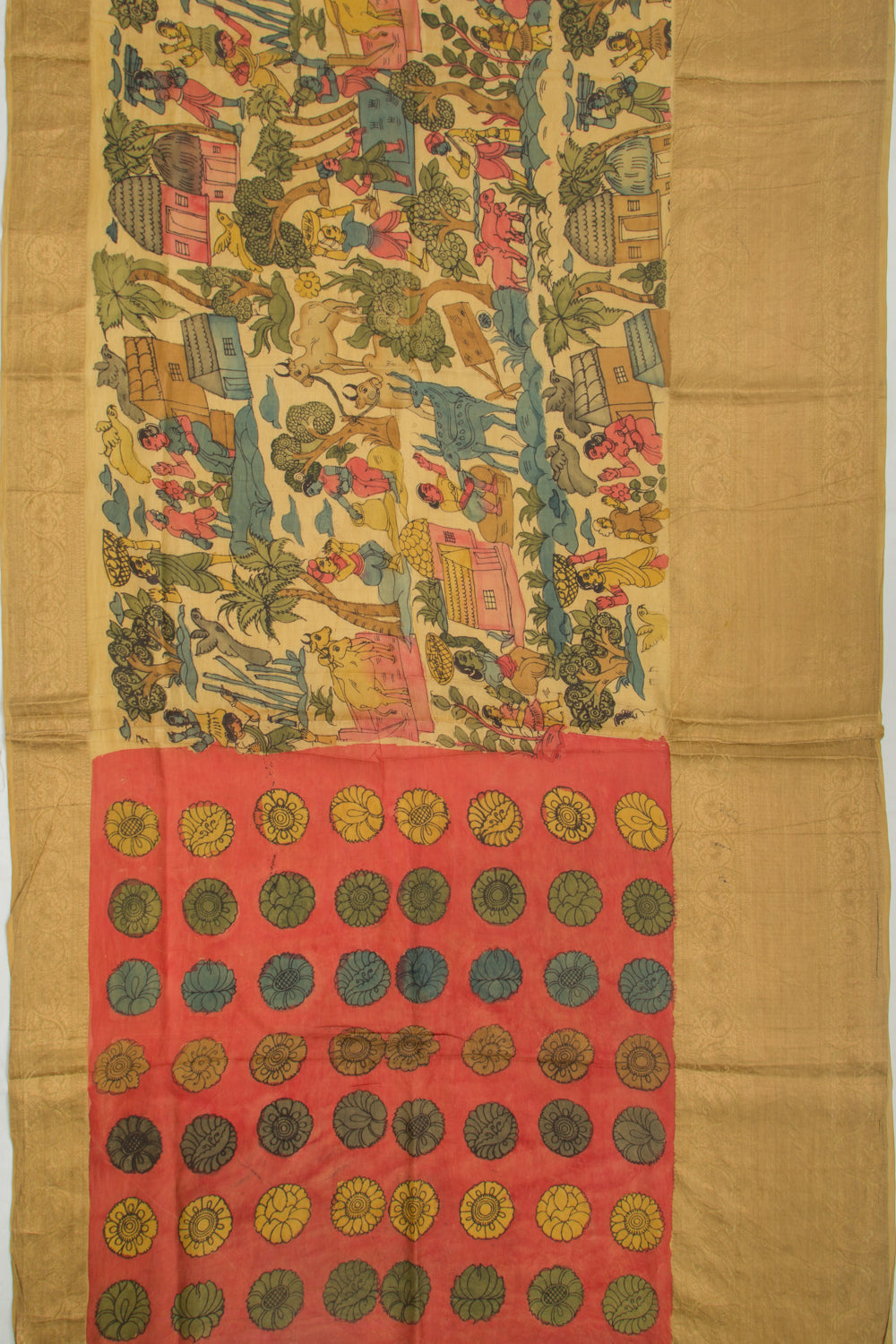 Kanchipuram Silk Kalamkari Yellow Saree