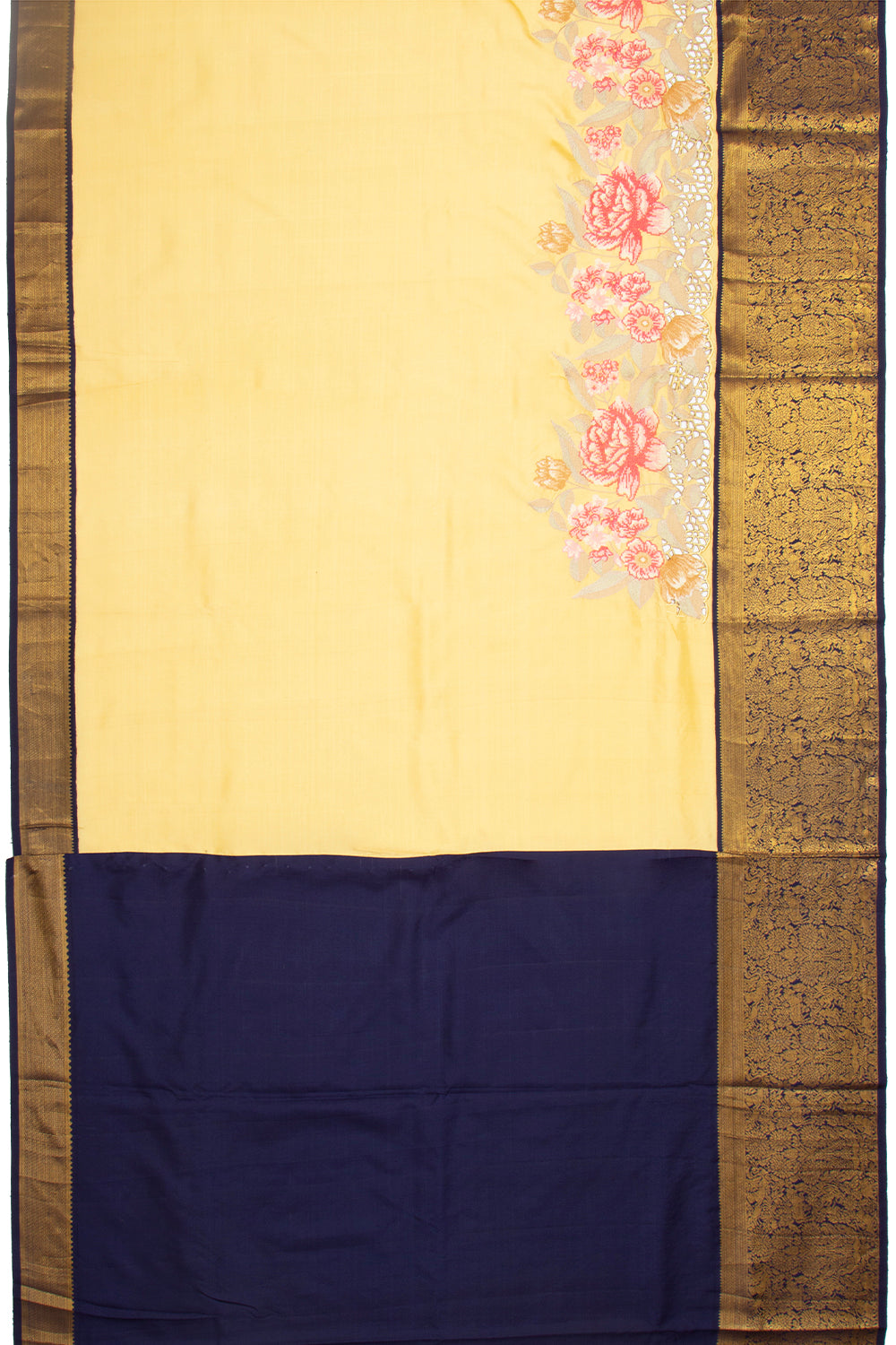 Kanchipuram Silk Plain Yellow Saree Embroidery With Cut Work Border