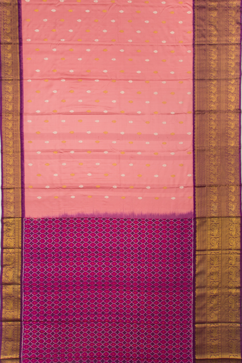 Kanchipuram Silk Twill And Butta Baby Pink Saree With Ikat Blouse