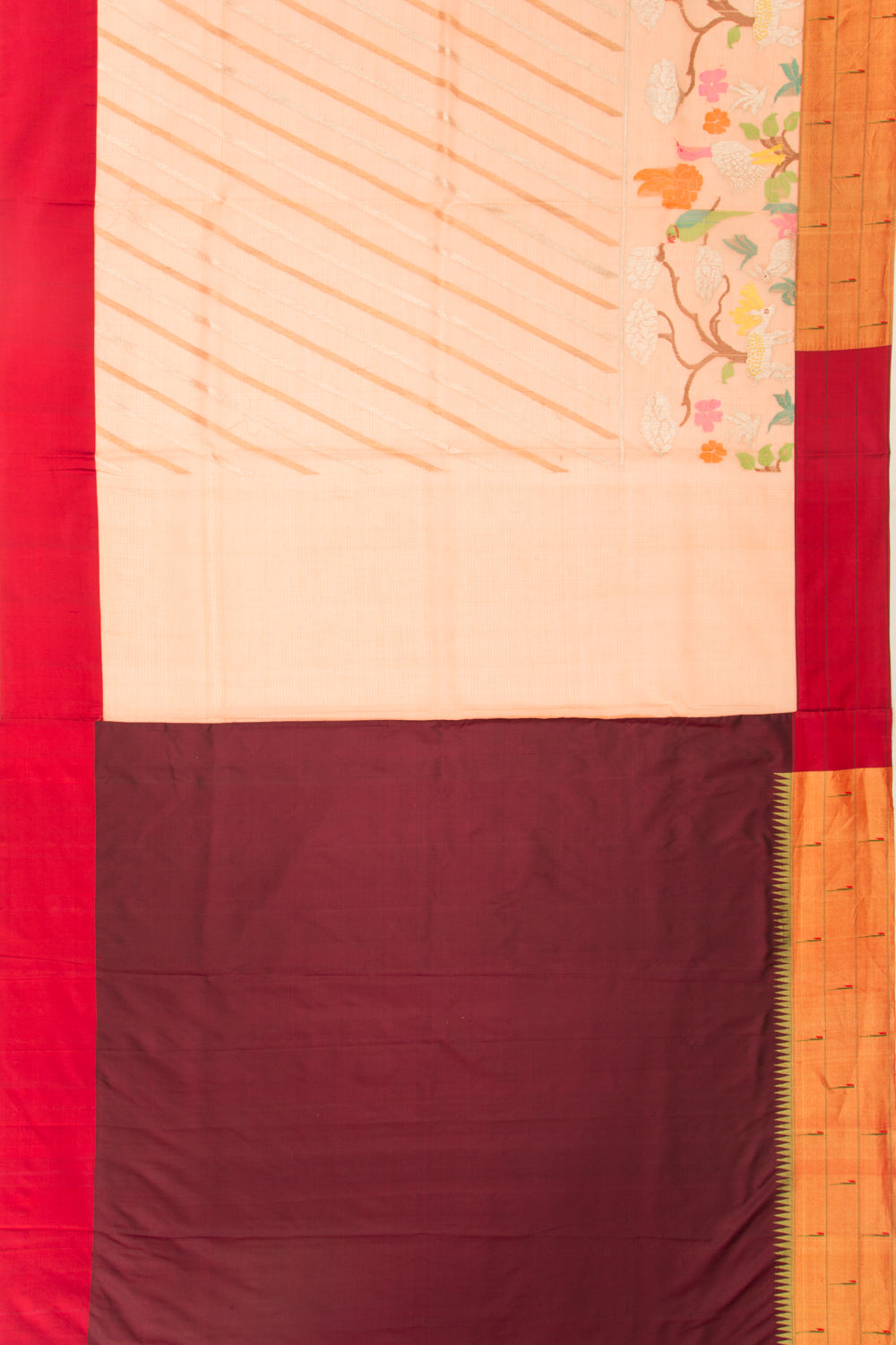 Kota Silk Diagonal Lines Peach Saree With Pathani Border