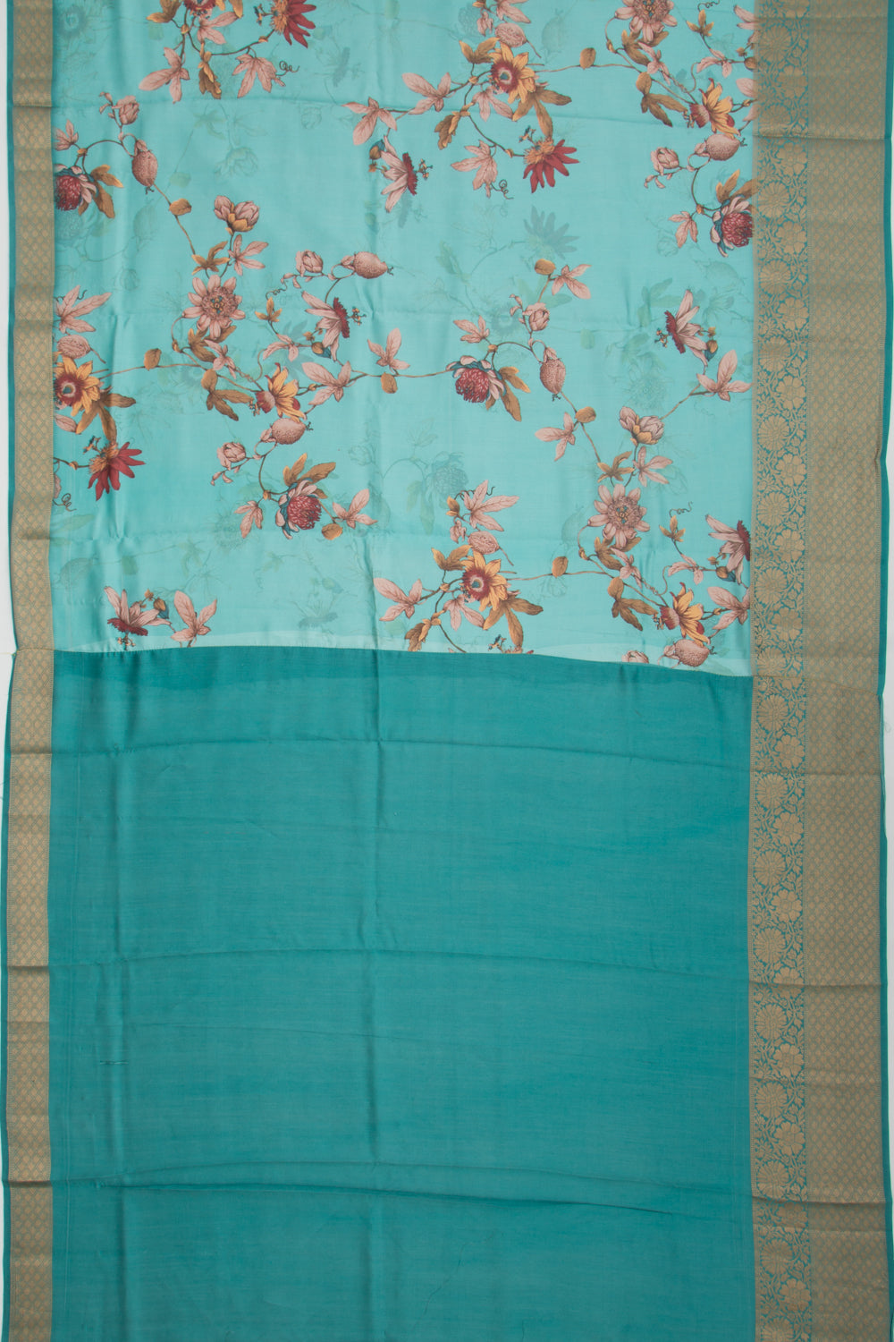 Chanderi Silk Floral Printed Teal Blue Saree