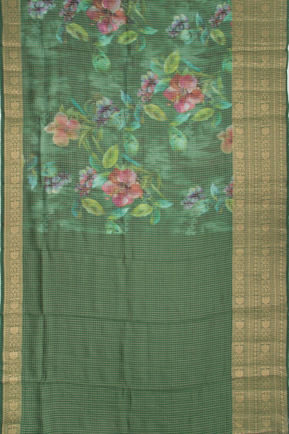 Chanderi Silk Floral Printed And Checks Green Saree