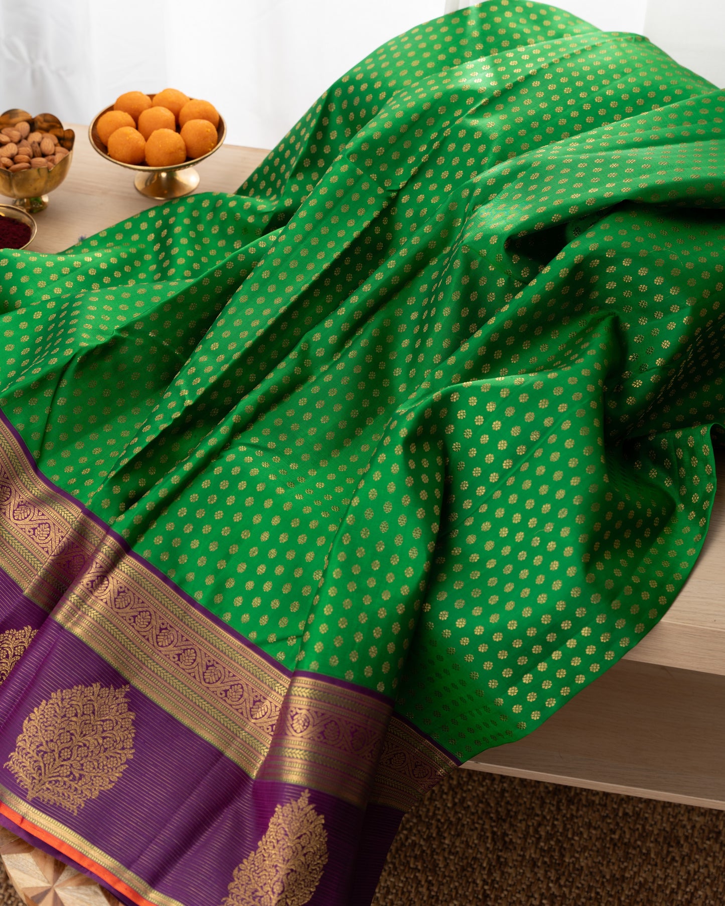 Kanchipuram Silk Brocade Green Saree With Rakhi and Gift Box