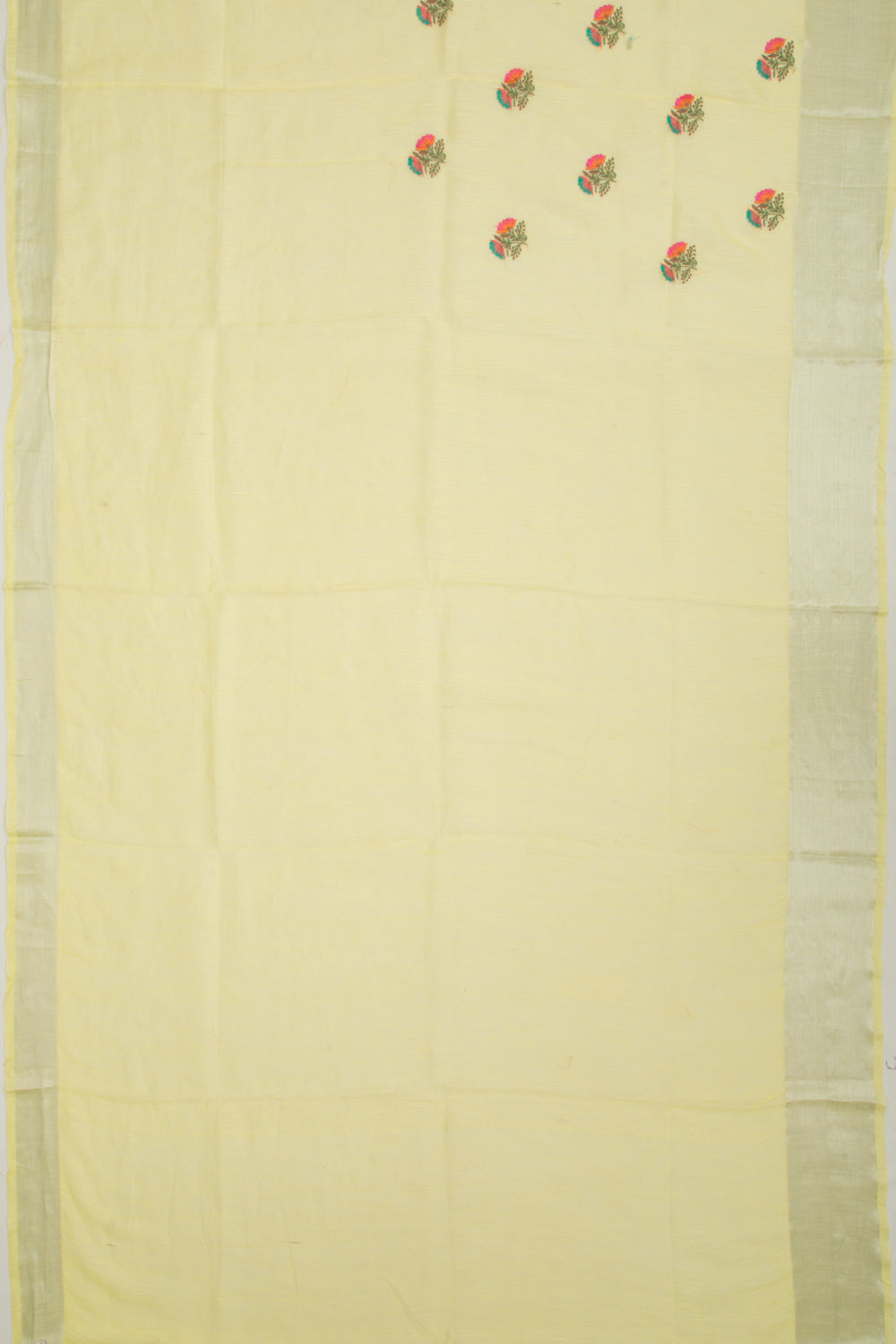 Linen Floral Embroidery Yellow Saree