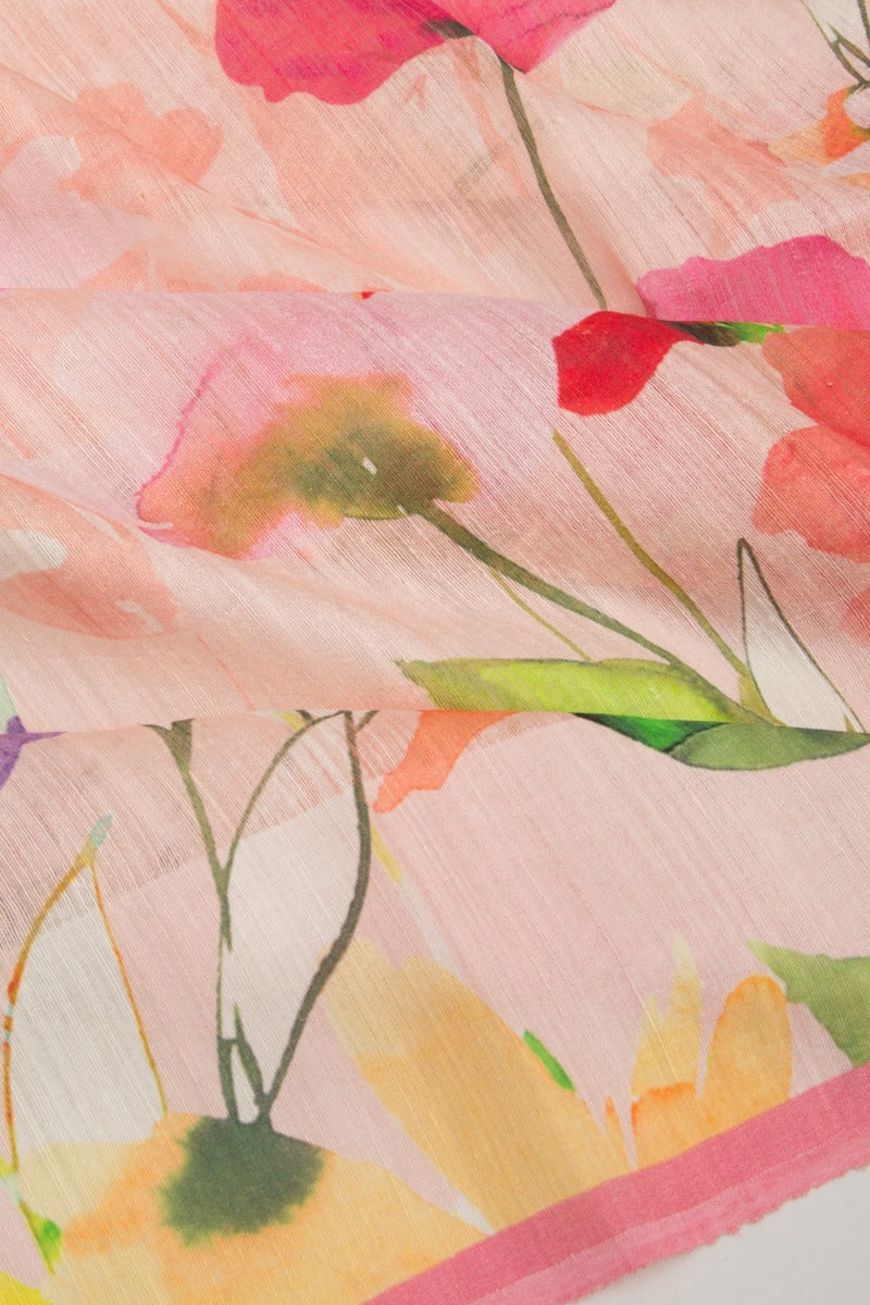 Linen Floral Printed Pink Saree