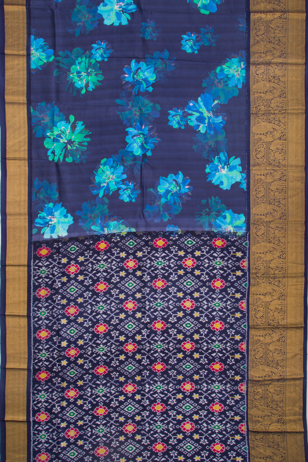 Kanchipuram Silk Floral Printed Dark Blue Saree