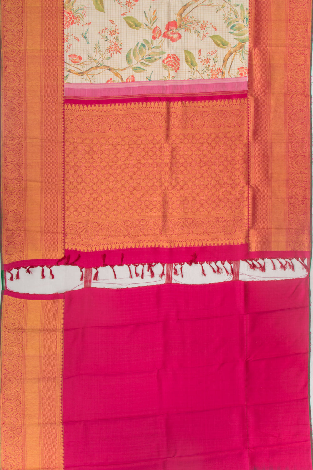 Kanchipuram Silk Checks And Floral Printed Cream Saree